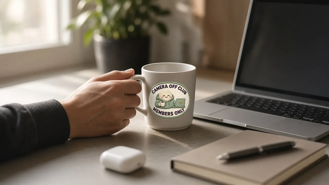 Work-from-home desk with coffee and a muted video call