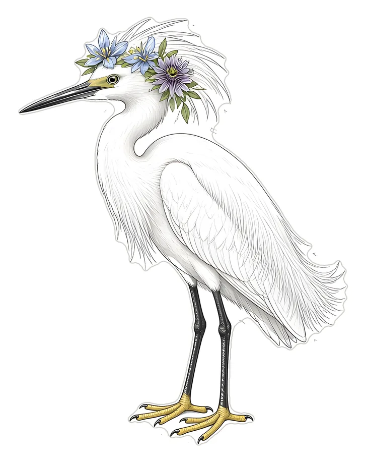 Snowy Egret Flower Crown Sticker — Floof